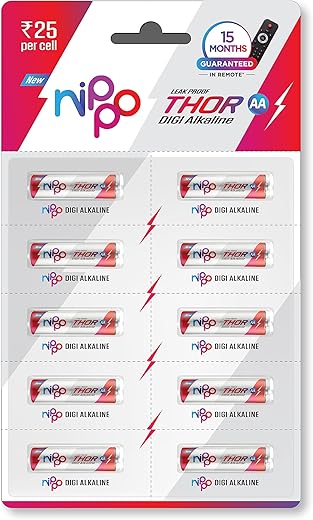 Nippo Thor Leakproof Alkaline AA Batteries 1.5V | Pack of 10 | Longer Lasting Batteries | Guaranteed 15 Months in Remote | Non-Rechargeable