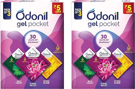 Odonil Gel Pocket Mix - 60g (Pack of 6) (3 new fragrances) | Infused with Essential Oils | Germ Protection | Lasts Up to 30 days | Air Freshener for Bathroom and Toilet