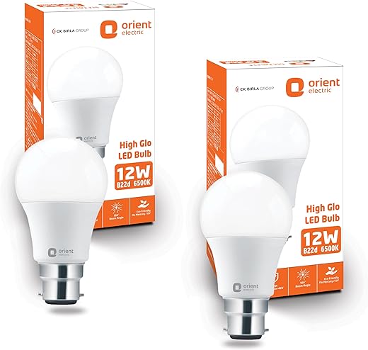 Orient Electric 12W High Glow LED bulb| 180-degree wide beam angle| Voltage surge protection up to 4 kV| 6500K, Cool White| B22d base| Made in India| Pack of 2