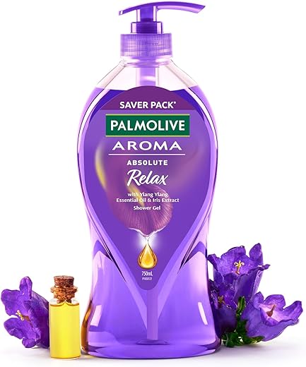 Palmolive Aroma Absolute Relax Body Wash for Women & Men, 750ml Shower Gel Single Pump Bottle, 100% Natural Ylang Ylang Essential Oil & Iris Extracts for a Soft and Smooth Skin, pH Balanced Bodywash, Free of Parabens & Silicones ​