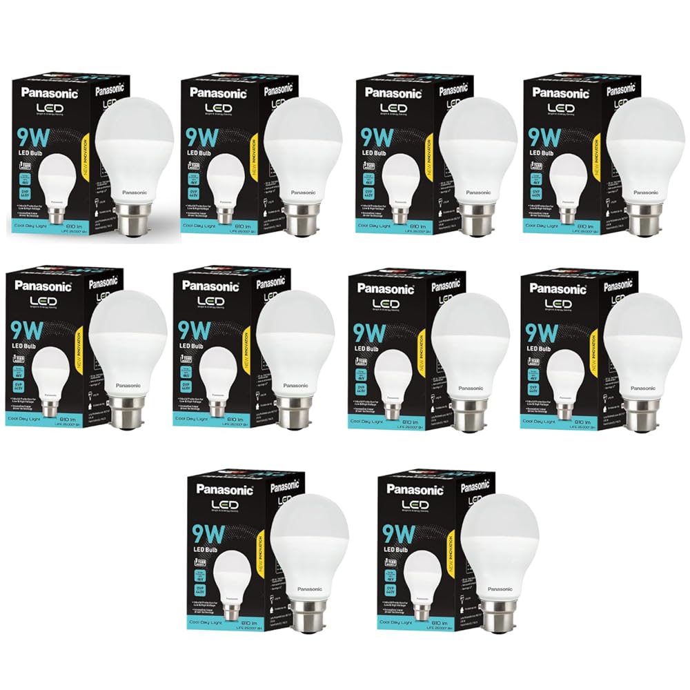 Panasonic 9 Watt LED Bulb, B22 Base 9W Bulb Light For Home, 25000+ BH with 1 Year Warranty, 6500K Cool Day Bulb (Pack of 10)