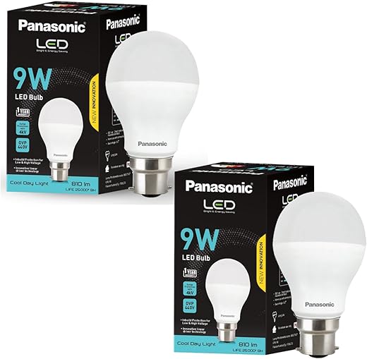 Panasonic 9W LED Bulb | LED Bulb 9 watt with B22 Base | 4kV Surge Protection 9 Watt Bulb (Cool Day Light, Pack of 2)