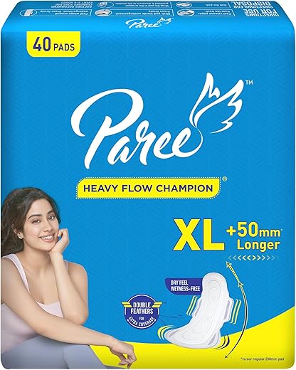 Paree Dry Feel Sanitary Pads For Women |XL-40 Pads|Heavy Flow Champion|Double Feathers for Extra Coverage|Quick Absorption
