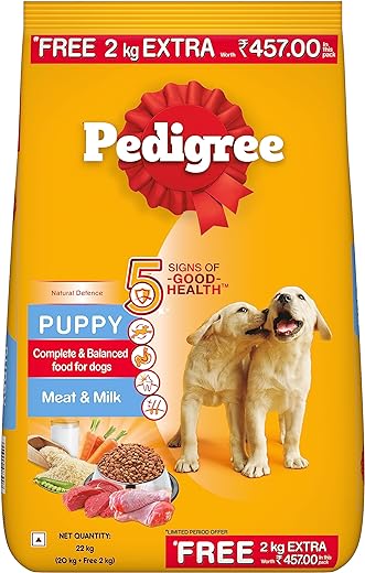 Pedigree Puppy Dry Dog Food, Meat & Milk Flavour, 20 + 2 Kg Free, Complete and Balanced Nutrition for All Breed Size Puppy Dogs