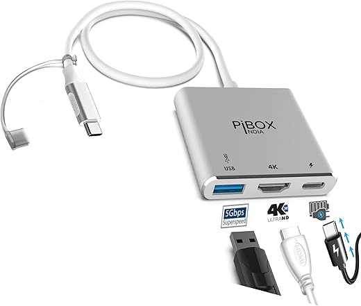 PiBOX India USB C to HDMI Adapter HDCP SUPPORT Aluminium Type C USB hub 3.1 to HDMI 4K/USB 3.0/USB C 3 in 1 Converter Cable Charging Port Adapter -MacBook Samsung Galaxy S9/S10/Note8/Note9 DEX(Silver)