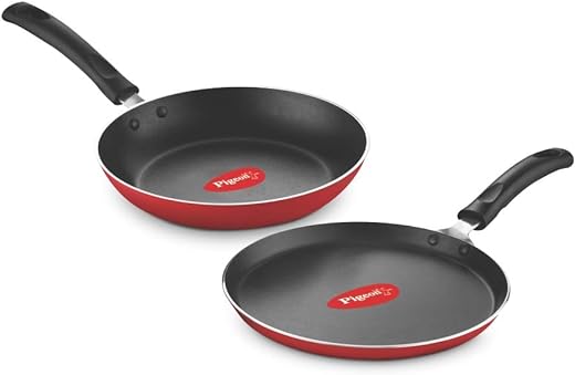 Pigeon Aluminium Nonstick Duo Pack Flat Tawa 250 and Fry Pan 200 Gift Set (Red)