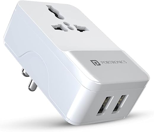 Portronics Adapto III Dual USB Adapter with 1 AC Power Socket 3.4Amp Total Output for Smartphones (White)