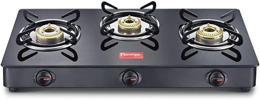 Prestige IRIS Toughened Glass-Top 3 Brass Burner LPG Gas Stove | Black Spill Proof Design | Ergonomic Knob | Tri-Pin Burners |Open