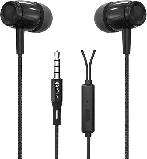 pTron Pride Indie in-Ear Wired Earphones with Mic, Stereo Sound, 10mm Drivers, Snug-fit Design, Passive Noise Cancellation, in-line Controls, Universal 3.5mm Aux & 1.2m Tange-Free Cable (Black)