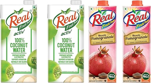 Real Activ Coconut Water Bottle, 2 x 1000 ml & Real Fruit Juice, Masala Pomegranate, 1L (Pack of 2)