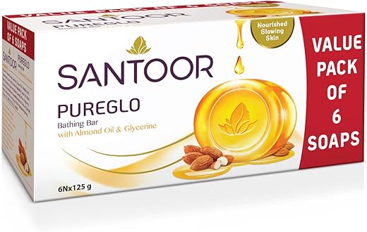 Santoor PureGlo Glycerine Bathing Bar Soap with Almond Oil for Nourished & Glowing Skin| Gentle & Rich Lathering Formula| Refreshing Fragrance| For All Skin Types| 125g, Pack of 6