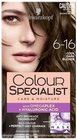 Schwarzkopf Colour Specialist Permanent Hair Colour, First At-Home Hair Colour with Omegaplex Anti-Breakage Technology, powered by Hyaluronic Acid for shinier hair, 6.16 Cool Dark Blonde, 165ml