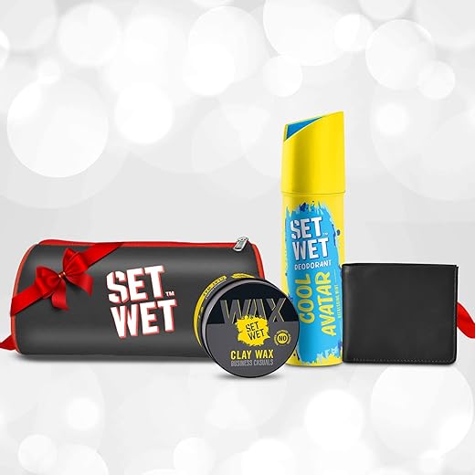 SET WET Styling Gift Kit For Men- Clay Wax(60g)+Cool Avatar Deo (150ml) + Wallet