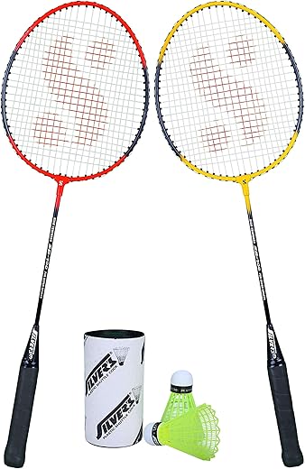 Silver's SB-100 Combo-5 (2 Badminton Rackets + 2 Pcs Plastic Shuttle) Red-Yellow