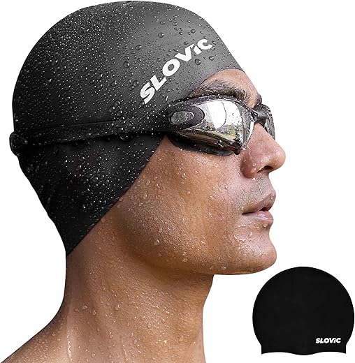 SLOVIC Black Swimming Caps for Men and Women with Long Hair | Waterproof Cap for Swimming Silicone | Free-Size for Great Fit | No Hair Pulling | Prevents Chemical Damage