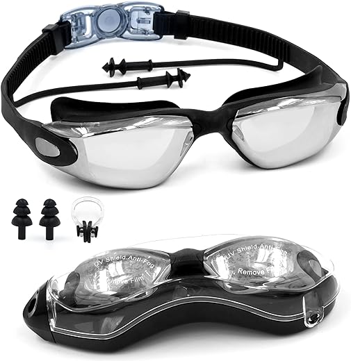 SLOVIC Black Swimming Goggles for Men & Women with Silicon Nose Bridge | Anti-Fog Glasses, Leak-Proof, Easy to Adjust Push-Button Straps with Ear Plugs & Nose Clip | UV-Protected Swimming Goggle Kit