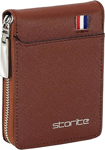 Storite PU Leather 9 Slot Vertical Credit Debit Card Holder Money Wallet Zipper Coin Purse for Men Women - Lightbrown (11.5 x 1.75 x 8 cm)