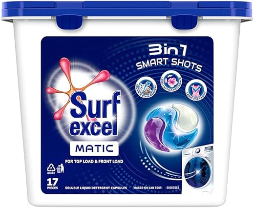 Surf Excel 3-in-1 Smart Shots Liquid Detergent For Front Load & Top Load Washing Machines | 17 Units for 17 loads | With Fragrance and Fabric Care