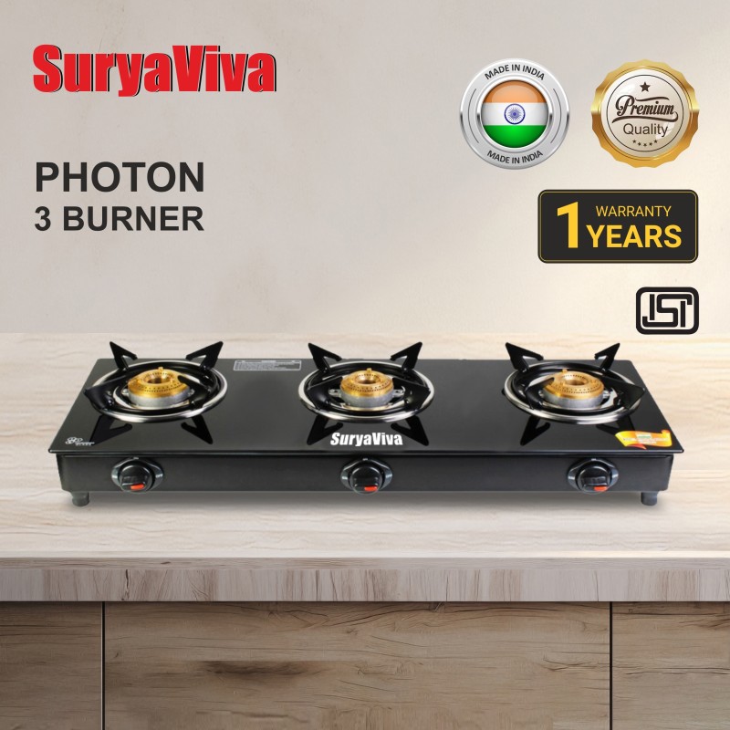 SURYAVIVA 3B Photon Bk Toughened 3 Cast Iron (Manual,Black) Glass Manual Gas Stove(3 Burners)