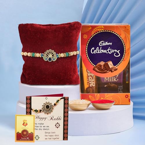 TIED RIBBONS Rakhi for Brother with Chocolate Combo Gift - Designer Peacock Rakhi with Chocolates Box and Rakshabandhan Card Tikka - Bracelet Rakhi for Men Brother Bhaiya Boys Kids