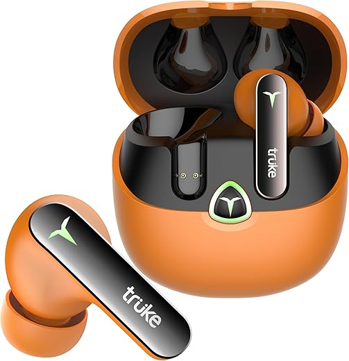 truke New Launch BTG Flex Gaming Earbuds with Dual Pairing, 40ms Ultra Low Latency Battle Mode™, 60H Playtime, 360Spatial™ Audio with HiFi DSP Sound, Quad-Mic ENC,13mm Drivers, BT 5.4 (Sunset Orange)