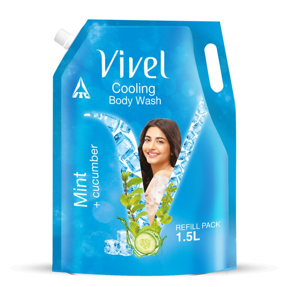 Vivel Cooling Body Wash, Mint & Cucumber Shower Gel, 1500ml Supersaver XL Refill Pouch, Moisturizing & Fragrant Bodywash, For Soft, Smooth & Fresh Skin, Refreshing Shower Gel, For Women & Men