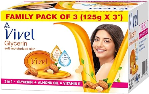 Vivel Glycerin Bathing Bar Soap for Soft Moisturized Skin with Pure Almond Oil & Vitamin E, 375g (125g - Pack of 3), Soap for Women & Men, For All Skin Types