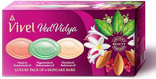 Vivel VedVidya Luxury Pack of 6 Skincare Soaps for Soft, Even-toned, Clear, Radiant and Glowing Skin, Suitable for all Skin types, 600g (100g - Pack of 6), Soap for Women & Men, For All Skin Types