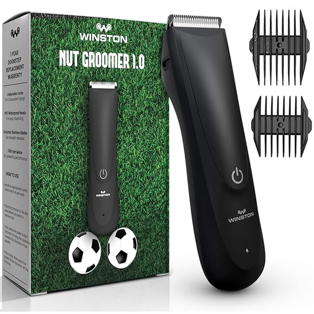 WINSTON Nut Groomer 1.0 | 1 Year Warranty | Rechargeable, Trimmer Men, Body Trimmer Men, Balls Trimmer for Men, Trimmer for Man, Waterproof with 90min Run Time & 2 Adjustable Combs (Ultimate Black)