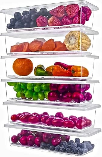 Xiran 6 Fridge Storage Boxes Fridge Organizer with Removable Drain Plate and Lid Stackable Fridge Storage Containers Plastic Freezer Storage Containers for Fish, Meat, Vegetables, Fruits(1500ML)