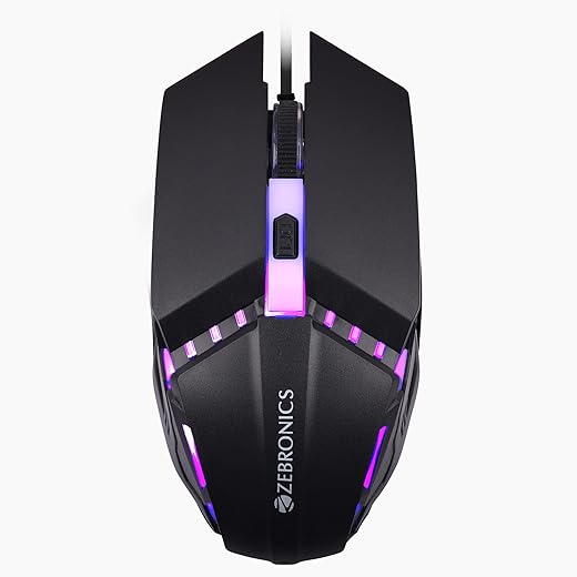 ZEBRONICS PHERO Wired Gaming Mouse with up to 1600 DPI, Rainbow LED Lights, DPI Switch, High Precision, Plug & Play, 4 Buttons