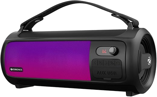 ZEBRONICS Rocket 500 20W output, Portable wireless speaker with Bluetooth, TWS, 15h Backup, FM radio, USB, AUX, 6.3mm wired Mic support, RGB Lights, Detachable Carry Strap