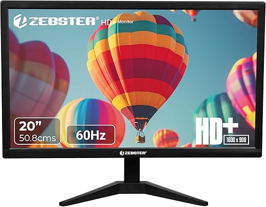 ZEBSTER GV120 20 Inch (50.8 cm) LED Monitor with Dual HDMI & VGA Input, HD+ 1600 x 900, 400nits Brightness, 16.7M Colors, 16:9 Aspect Ratio, Wall Mountable