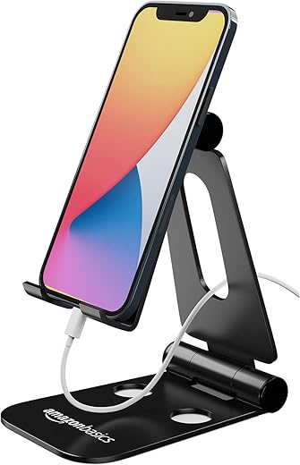 amazon basics Aluminum Adjustable Mobile Phone Foldable Tabletop Stand Dock Mount for All Smartphones, Tabs, Kindle, iPad (Black)