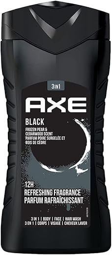 Axe Black 3 In 1 Body, Face & Hair Wash For Men, Long-Lasting Refreshing Frozen Pear & Cedarwood Fragrance For Up To 12Hrs, Natural Ingredients, Removes Odor & Bacteria, No Parabens, 250Ml