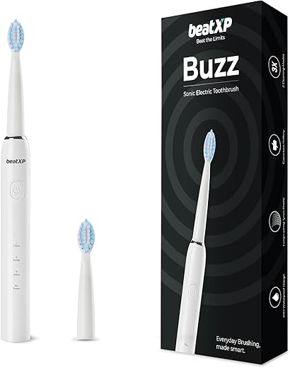 beatXP Buzz Electric Toothbrush for Adults with 2 Brush Heads & 3 Cleaning Modes|Rechargeable Electric Toothbrush with 2 Minute Timer & Quadpacer|19000 Strokes/min with Long Battery Life (White)