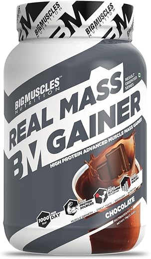 Bigmuscles Nutrition Real Mass Gainer [1Kg, Chocolate] | Lean Whey Protein Muscle Mass Gainer | Complex Carbohydrates, | 1000 Calories | Reduces Muscle Breakdown | Boosts Metabolism