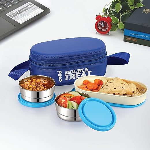 CELLO Double Treat Lunch Box with Insulated Fabric Jacket, Blue | 3 Container, (2 Stainless Steel Round Container - 300 ml, 1 Plastic Oval Container) Tiffin Box with Bag for Office, College & School