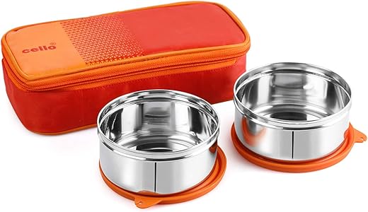 CELLO MF Matiz Lunch Box with Jacket, 2 Unit, Orange | Stainless Steel Lunch Box 2 Unit | Lunch Box with Jacket | Ideal for Office