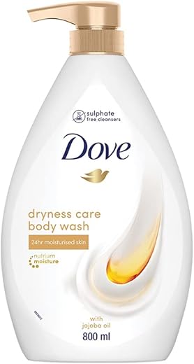 Dove Dryness Care Bodywash infused with Jojoba Oil to deeply nourish your skin, 100% gentle cleansers, paraben free/sulphate free cleansers, 100% plant- based moisturisers, 800ml