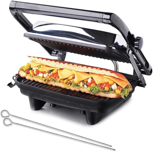 Hamilton Beach Panini Maker with 2 FREE Skewers(1400W), Multipurpose Usage - Sandwich Maker, Griller,Make Pizza, Burger, Grilled Chicken, Tikkas, Wraps, Grill Sandwich Maker, Electric Griller