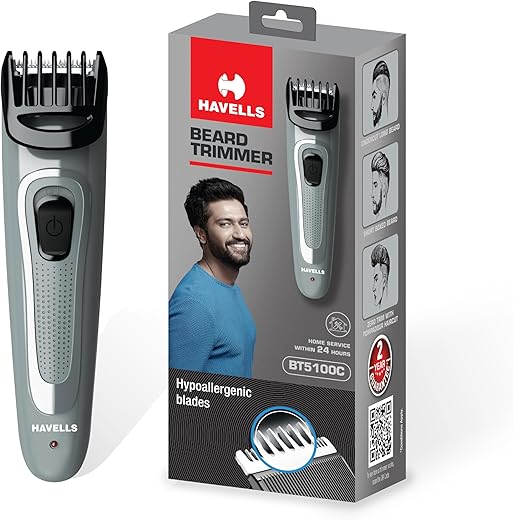 Havells Bt5100C Rechargeable Beard Trimmer with Hypoallergenic Blades; Zero Trim with 0.5 Mm Precision;Upto 17Mm Length Setting for All Styles; 45 Min Runtime,Battery Powered Black & (Grey)-Men