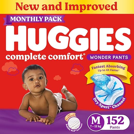 Huggies Complete Comfort Wonder Pants | Pant Style Baby Diapers M Size, 152 Count | India's Fastest Absorbing Diaper, Patented Dry Xpert Channel, Ideal for 7 to 12 Kgs