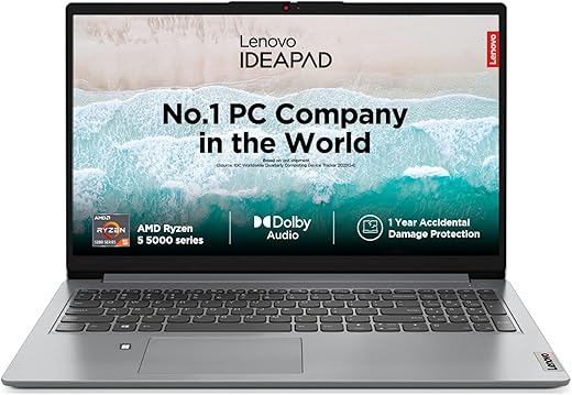 Lenovo IdeaPad 1 AMD Ryzen 5 5500U 15.6" (39.62cm) FHD Thin & Light Laptop (8GB/512GB SSD/Integrated AMD Graphics/Windows 11/Office 2021/HD Camera/1 Year ADP Free/Grey/1.6Kg), 82R400BRIN