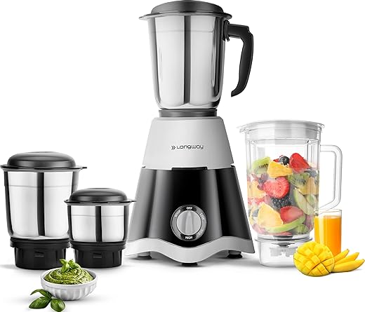 Longway Super Dlx 750 Watt Juicer Mixer Grinder with 4 Jars for Grinding, Mixing, Juicing with Powerful Motor | 1 Year Warranty | (Black & Gray, 4 Jars)