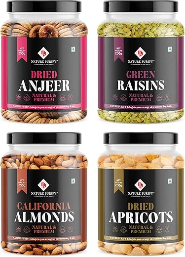 Nature Purfiy Premium Dry Fruit Combo 1kg Almond, Anjeer, Apricot, Raisins (250g Each)