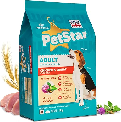 PetStar Adult Dry Dog Food for All Breeds 1Kg Pack | Chicken and Wheat Kibbles | Complete and Balanced Food for All Dog Breeds | for Healthy Bones & Muscles | Natural Ingredients | Preservative Free