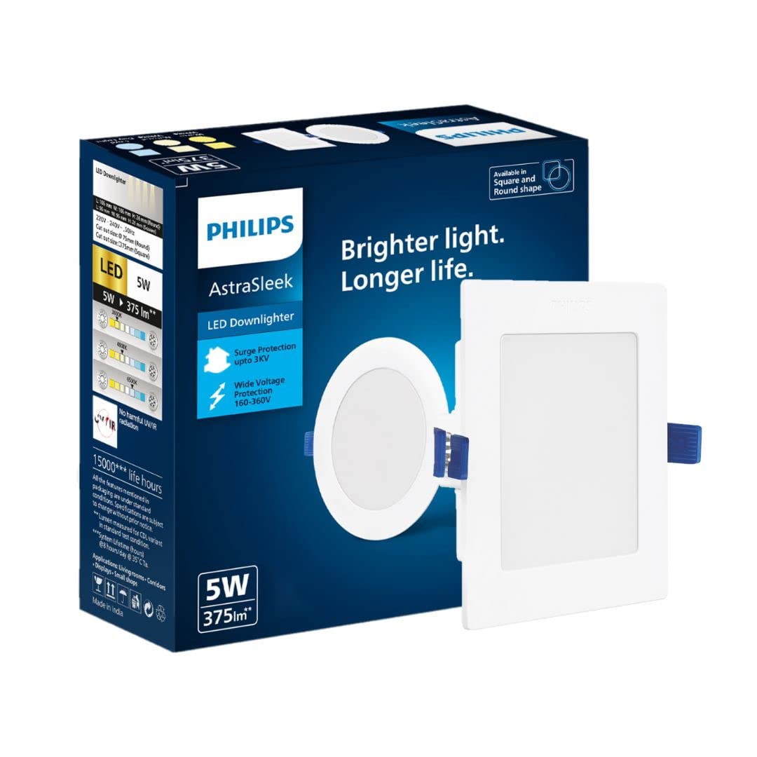 PHILIPS Astra Sleek 5-watt Square LED Downlighter | LED Ceiling Light for Home and Hall | Cut Out: 75 mm, Color: Warm White, Pack of 1