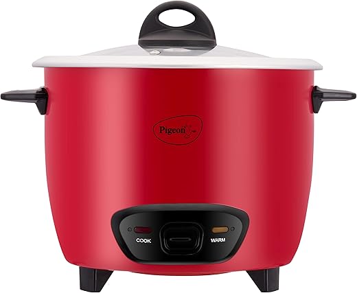 Pigeon by Stovekraft Ruby Rice Cooker with Single pot, 1.8 litres.(Red) | Toughened Glass Lid | 700 Watts | 2 Aluminium Cooking Pot | Measuring Cup| Spatula | Energy Efficient Cooking