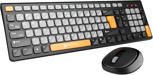 Portronics Key7 Combo Wireless Keyboard & Mouse Set with 2.4 GHz USB Receiver, 10m Working Range, 12 Shortcut Keys, Adjustable DPI, 10 Million Key Life & Click Life for PC, Laptop, Mac (Grey+Orange)